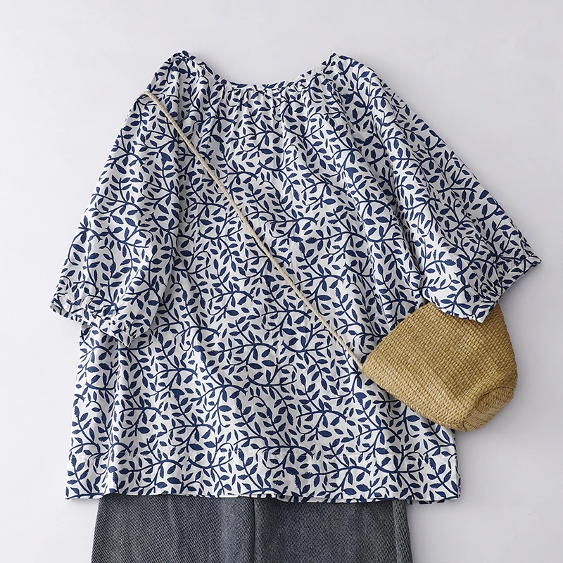 예술적인 꽃무늬 프린트 여성용 여름 디자인 독특한 안티에이징 5부 소매 트렌디한 코튼 린넨 혼방 탑