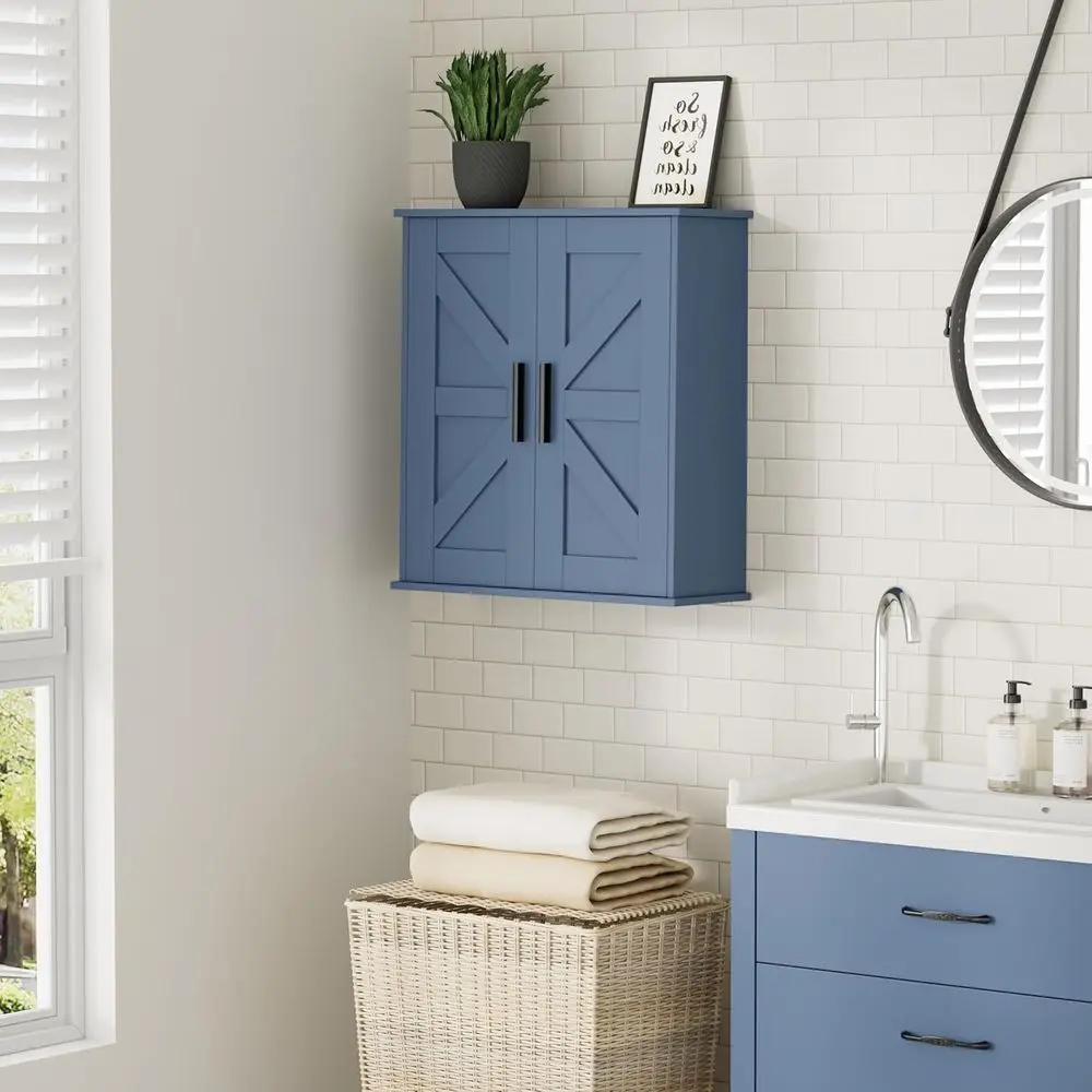 Armoire de rangement murale bleue à 3 niveaux avec portes de grange pour salle de bain, cuisine et linge