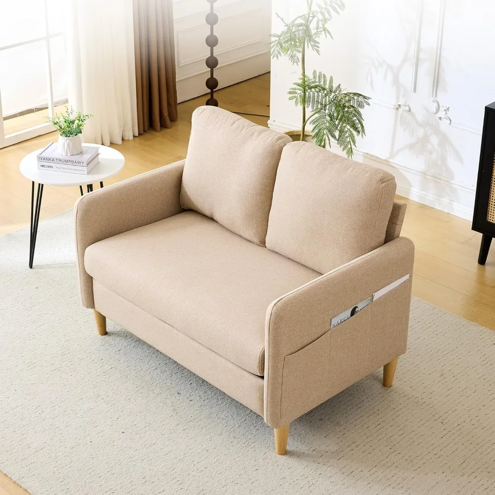 Small Couch, Light Brown Linen Loveseat Sofa Mini Couch Mid Century Modern Decor Love Seat for Small Spaces Living Room, Bedroom