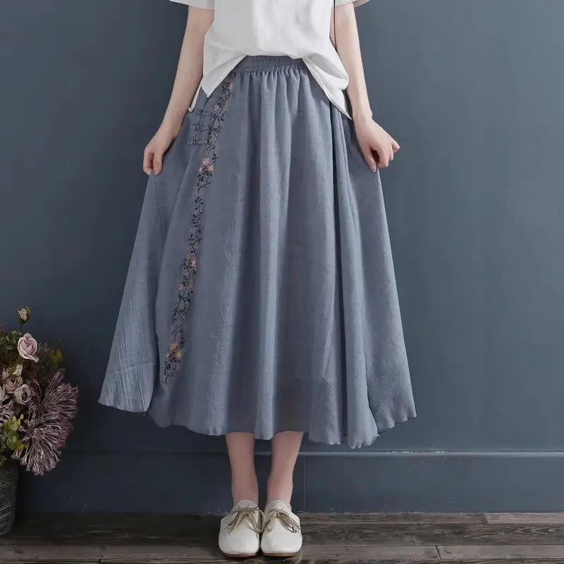 Big Size Floral Embroidery Chiffon Skirt - Retro A-Line Spring-Summer Women's Casual Dress with Frog Clasps G262