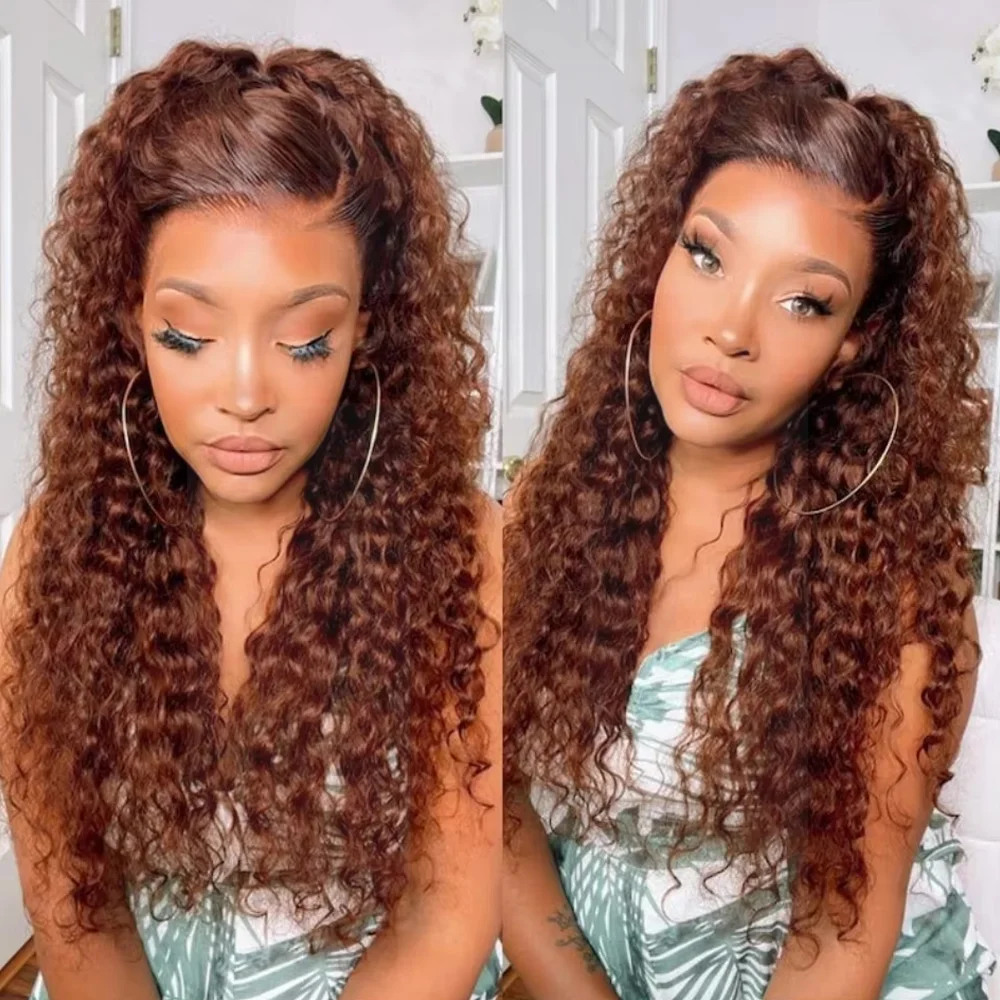 

Chocolate Brown Curly Wave Human Hair Wigs 13x6 HD Transparent Lace Frontal Wig 30 Inch Colored Lace Front Wig Brazilian Women
