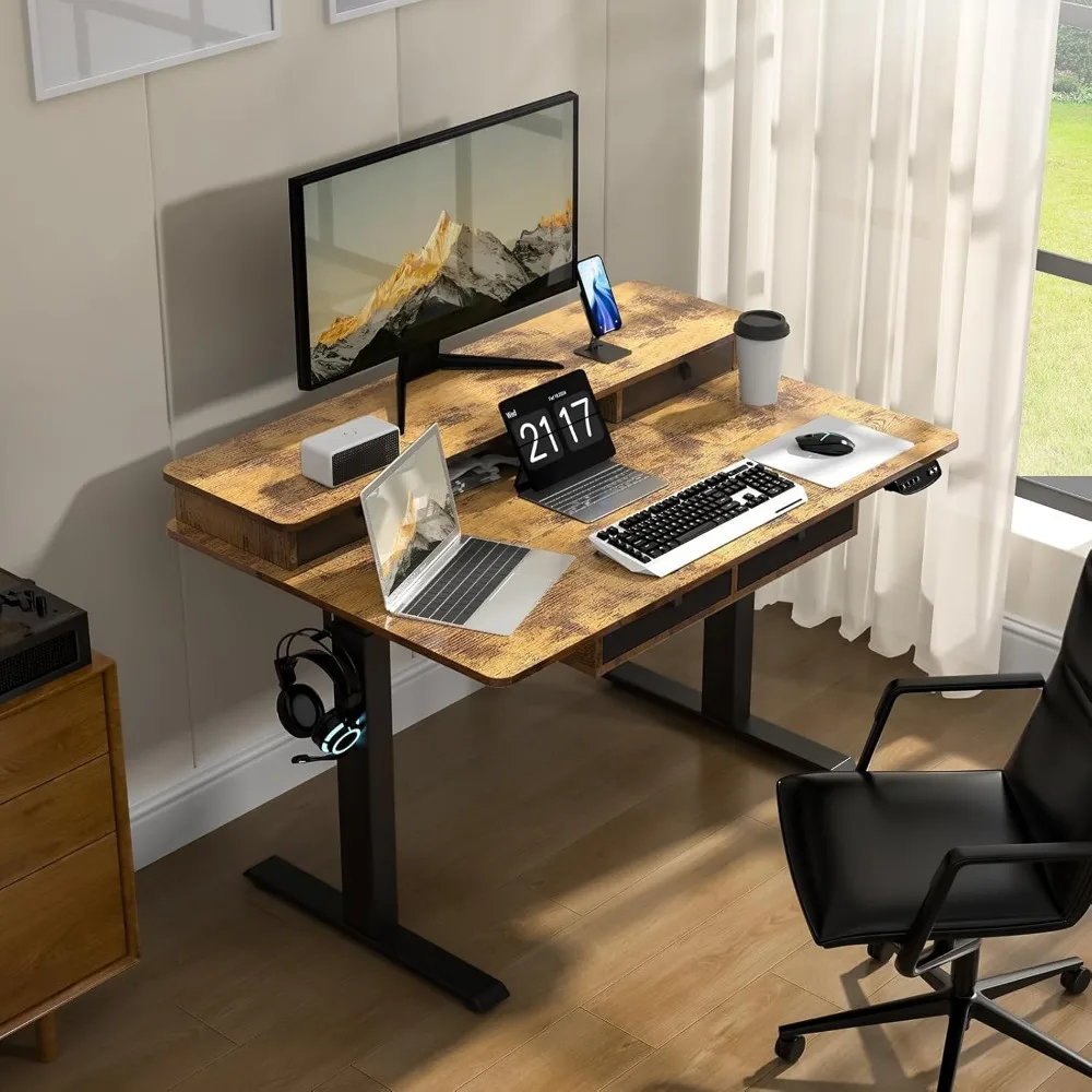 Mesa elétrica ampliada de 48 * 30 polegadas, altura ajustável com 4 gavetas, prateleiras duplas de armazenamento, mesa de pé