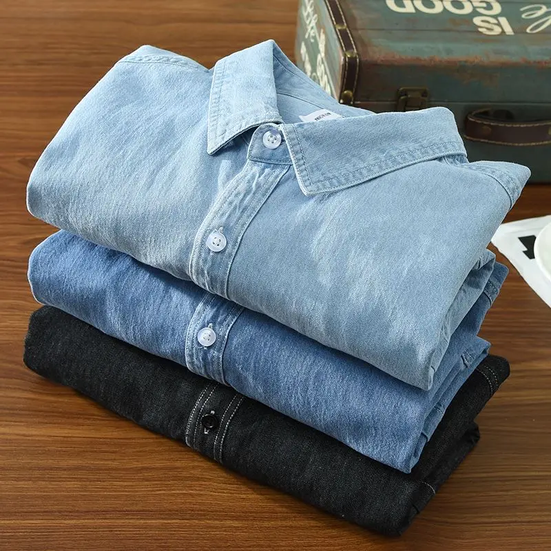 Spring Autumn Men Denim Shirt Long Sleeve Soft 100% Cotton Two Pockets Slim Slight Elastic Jean Tops Cowboy Button Shirt