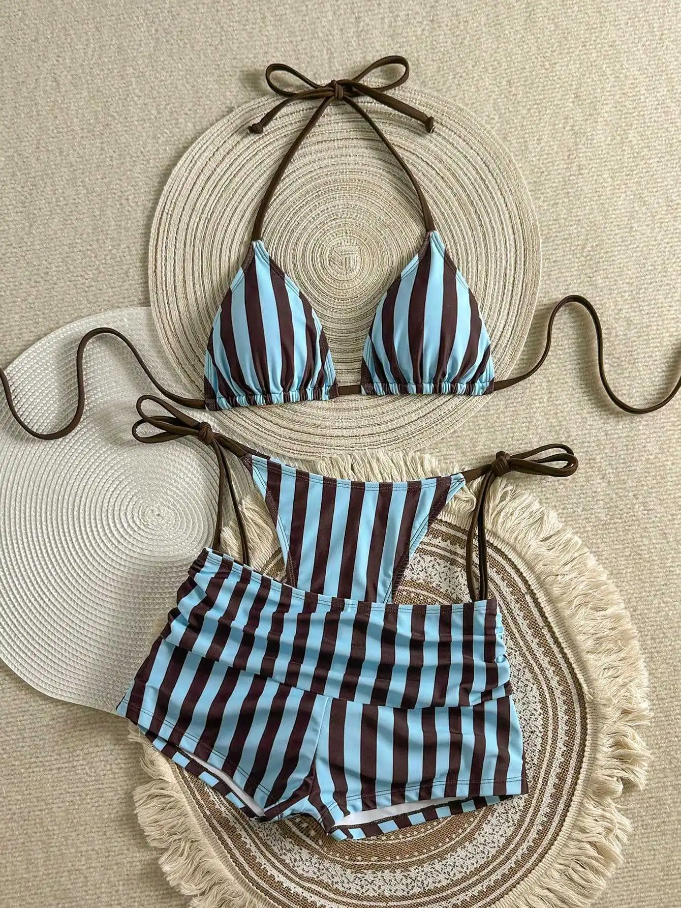 Women's Bikini Swimsuit Striped Print Halter Neck Tie-Back Two Piece Swimwear Bathing Suit Sexy Backless for Women Beachwear
