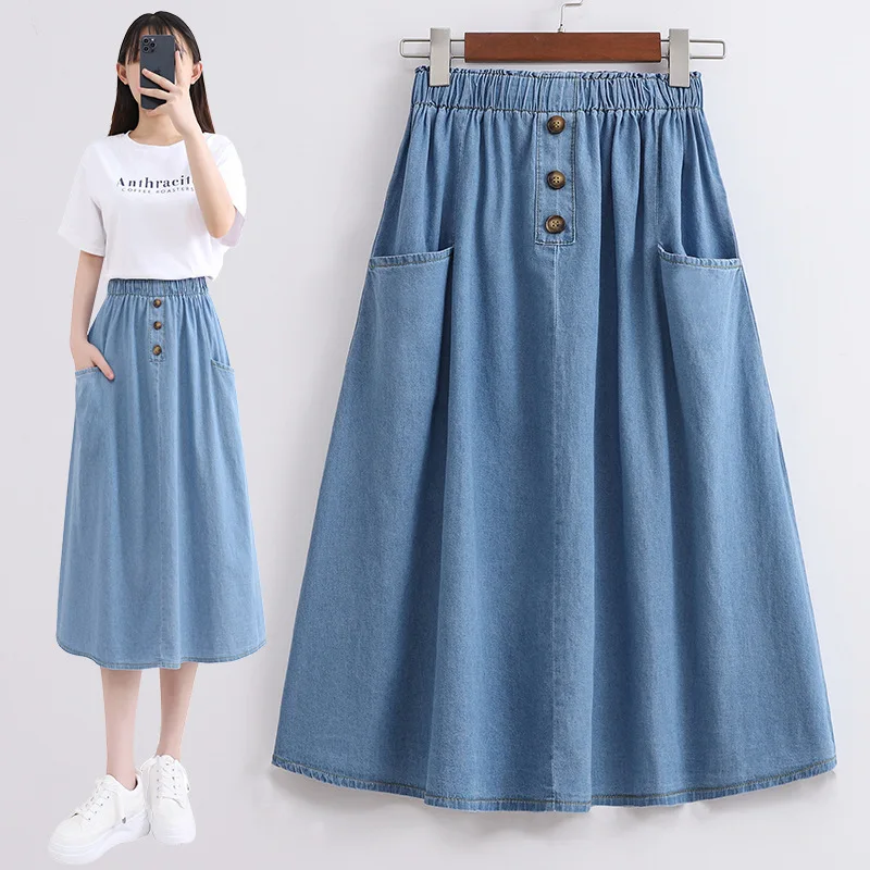 

Summer Tencel Washed Denim Maxi Skirt Plus Size High Waist Flared Skirt Long Pleated Skirt Women Casual Elegant Outfit