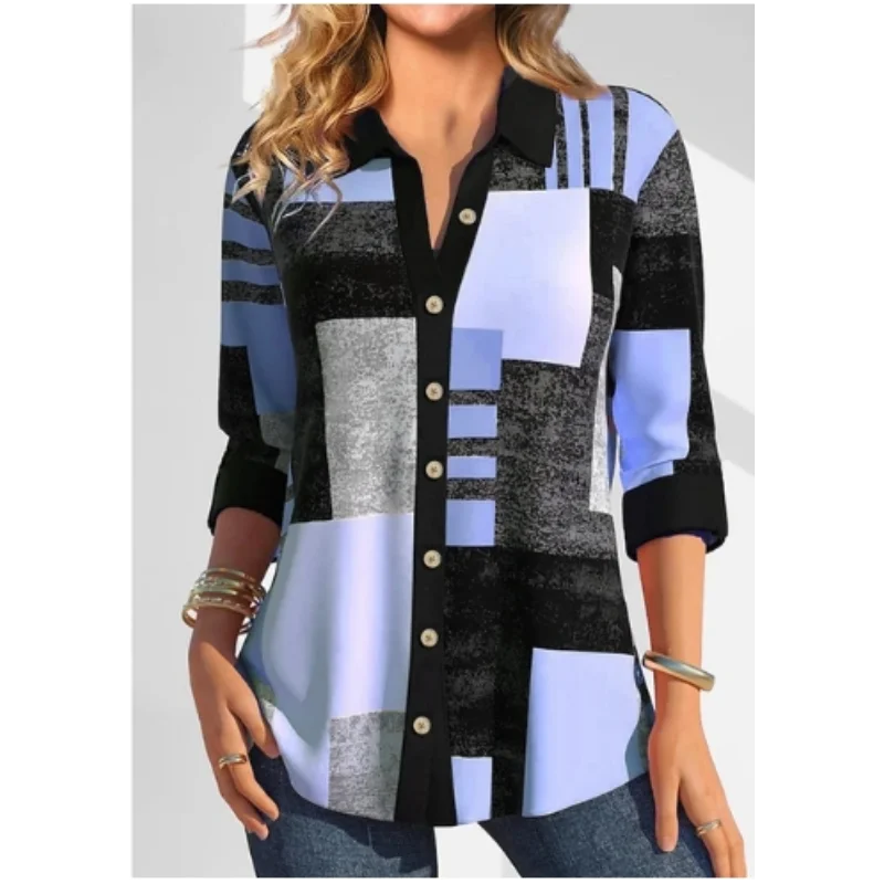 Women's long sleeved shirt top with checkered pattern trendy and personalized street commuting style new style of women's shirt