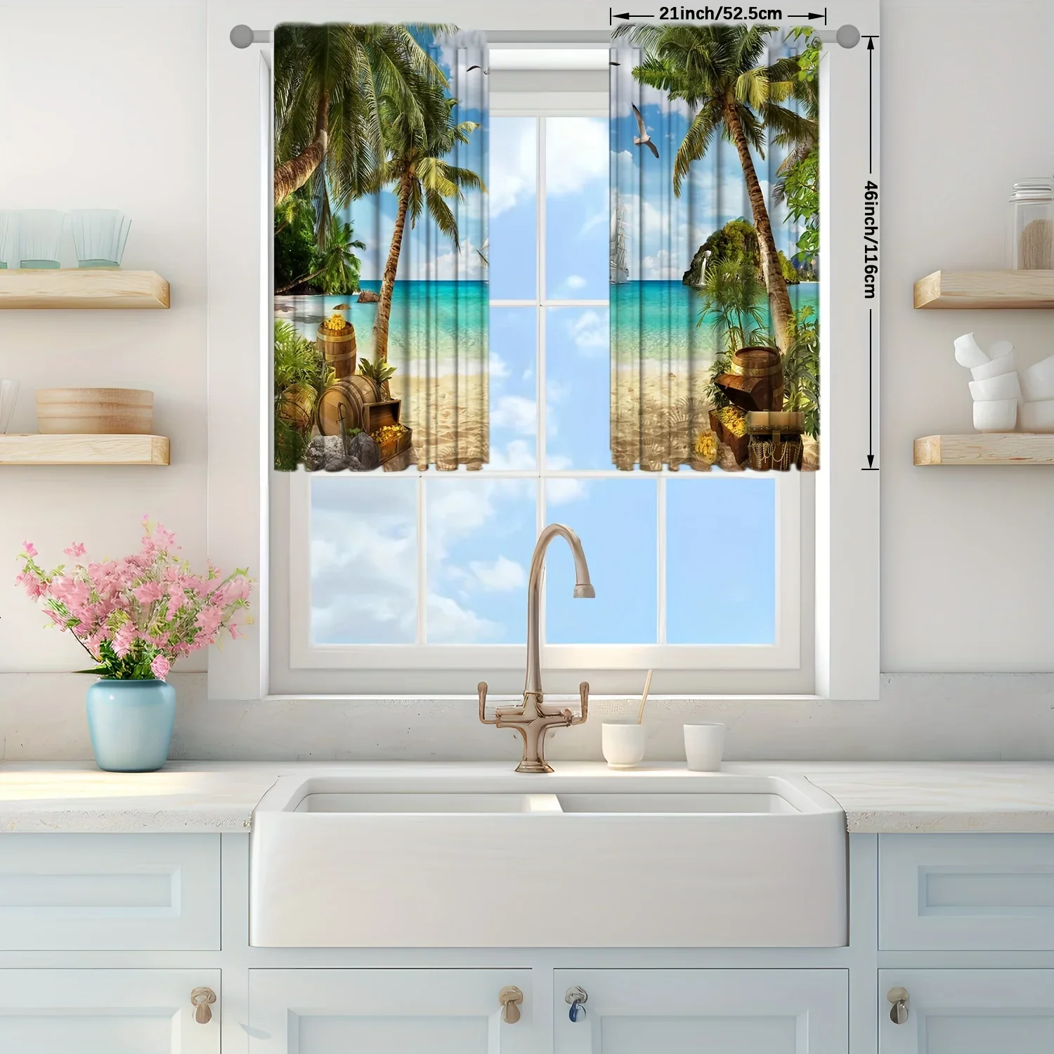 2pcs Beach Scenery Printed Curtain for Home Decor - Rod Pocket Window Treatment for Bedroom,Office,Kitchen,Living Room,and Study