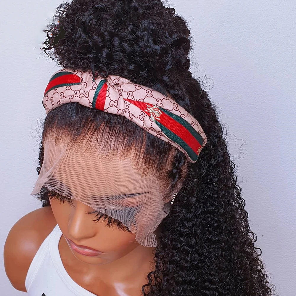 Peluca rizada de encaje frontal para mujer, pelo de bebé Natural, negro, suave, larga, 180de densidad, predesplumada diaria, resistente al calor, sin pegamento, 26 pulgadas