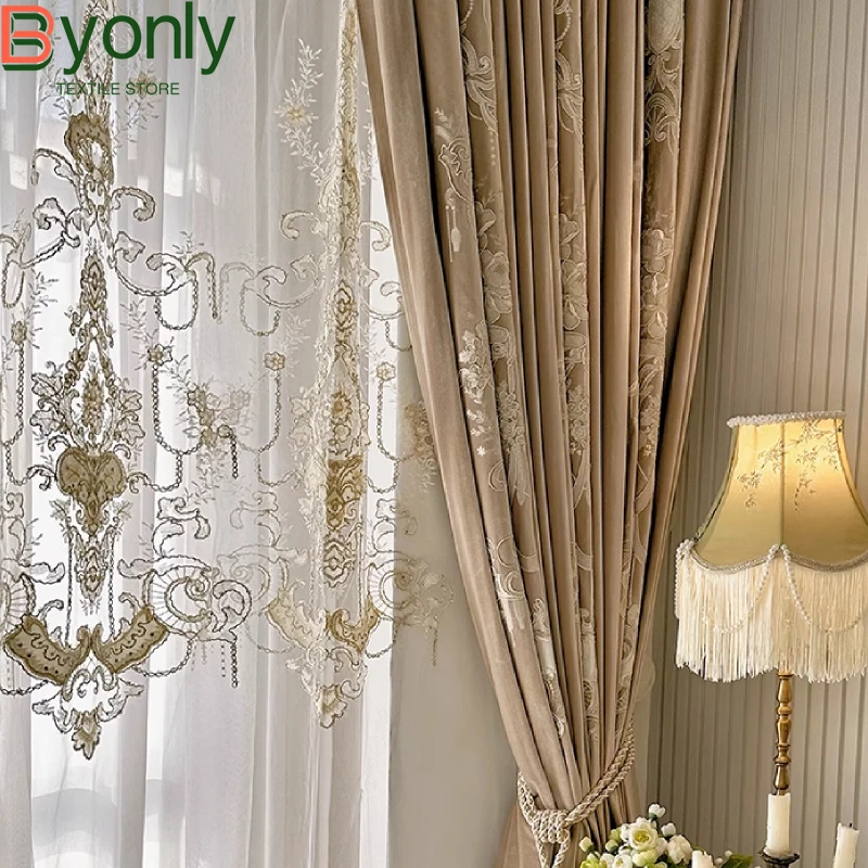 Customised Lace Embroidery Milk Tea Coloured Velvet Curtains for Living Room Bedroom Balcony Embroidered Curtains Villa Curtains