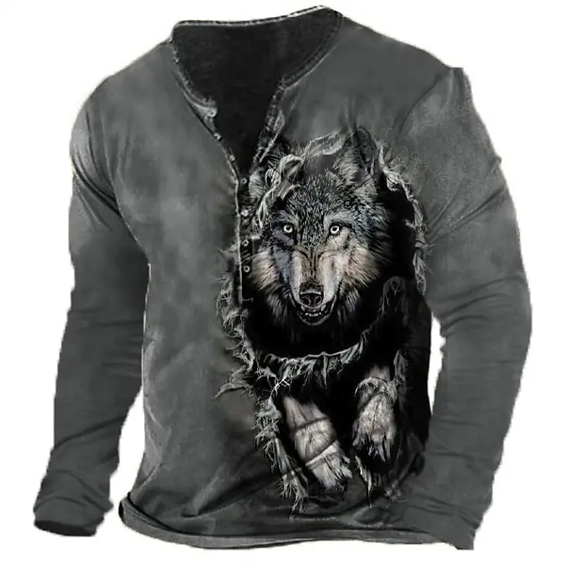 

Vintage T-Shirt For Men Graphic T Shirts Wolf Cotton Men's 3D Printed Henley Shirt Long Sleeve Oversized Tee Male Clothing Tops