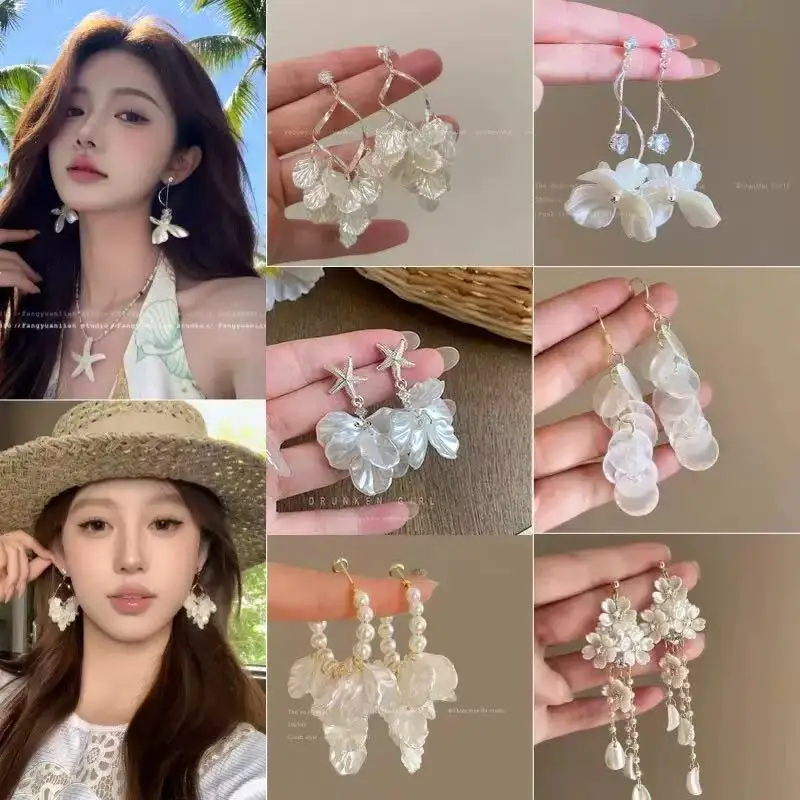 Earrings White Pearl Tassel Floral Accent Small Women Premium Lightweight Sparkling Elegant Daily Party Accessory