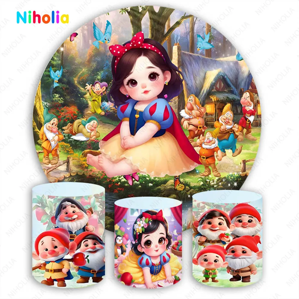 

Snow White Baby Backdrop Girl Birthday Decoration Dwarf Photo Photography Background Party Cover Round Baby Shower Studio Decor