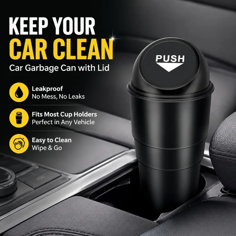 Car Garbage Can with Lid, Leakproof Vehicle Cup Holder Trash Bin for Car Office Home, Easy to Clean