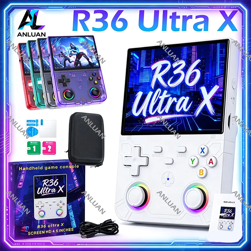 جهاز ألعاب محمول ريترو R36 Ultra X بشاشة 4.5 بوصة، محاكي بنظام لينكس مفتوح المصدر، سعة 64/128 جيجابايت، مع وحدة تحكم لاسلكية بتقنية Hall Effect، هدية مثالية.