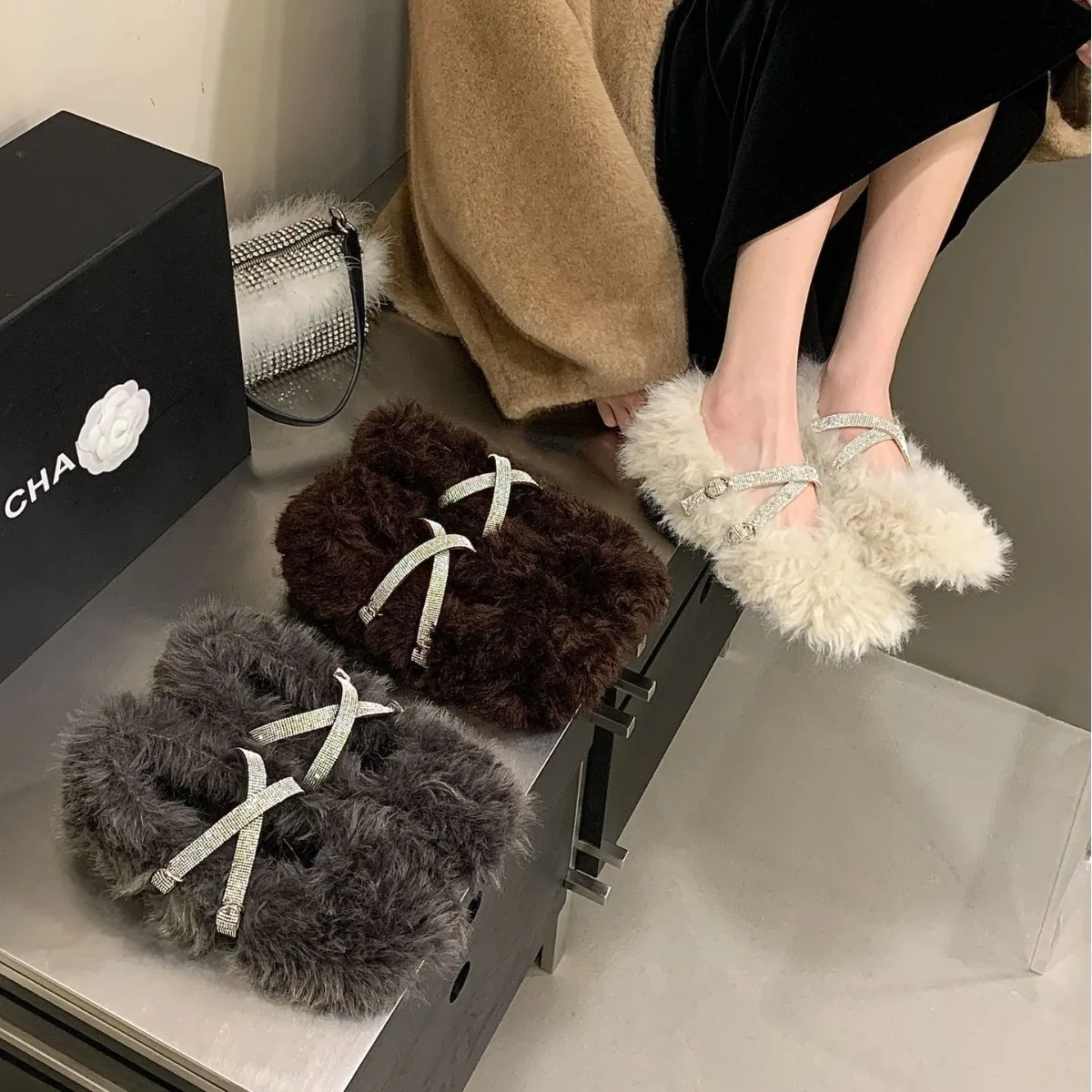 

Adorable Anti-Slip Inner Heightening Furry Cross Band Winter New Style White Fleece Lined Fashion Mary Jane Flat Heels Women'...