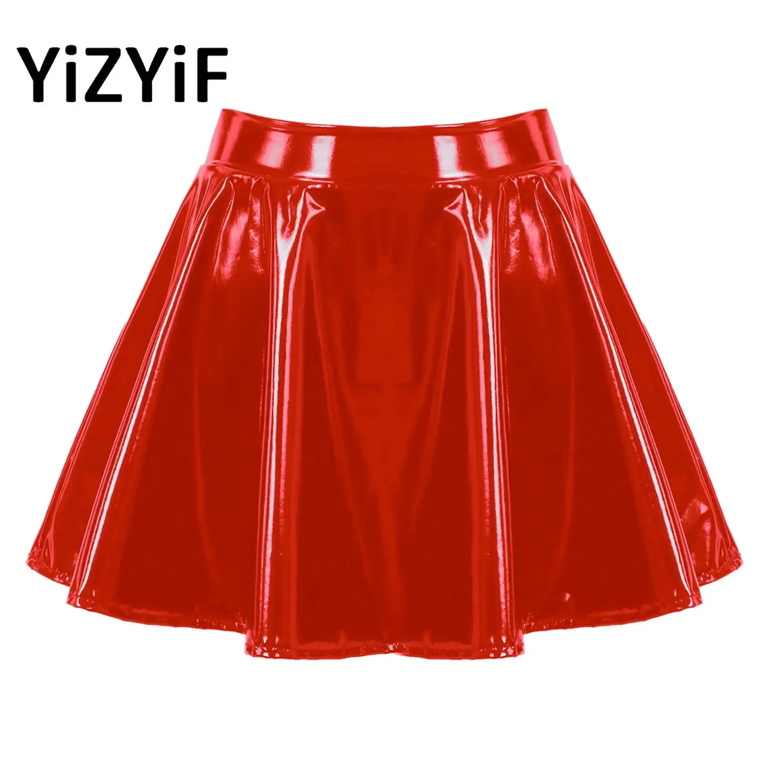 

Womens Glossy Latex Flared Miniskirt Wet Look Patent Leather High Waist Pleated A-Line Mini Skater Skirts Club Party Costume