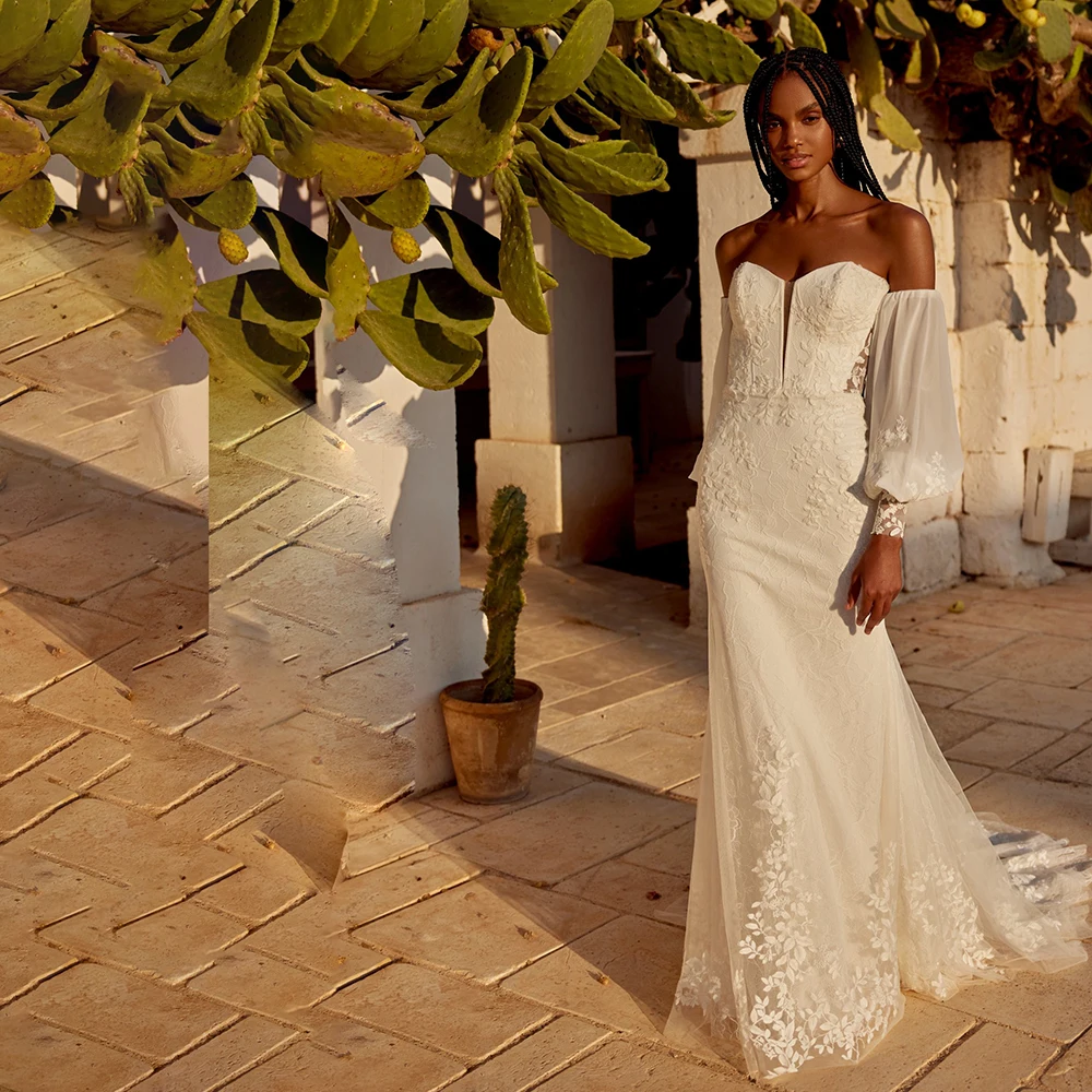 ZIBUYU فستان زفاف أنيق مخصص قبالة الكتف العميق الخامس الرقبة نفخة كم طويل الدانتيل زين عارية الذراعين الدانتيل متابعة فستان الزفاف