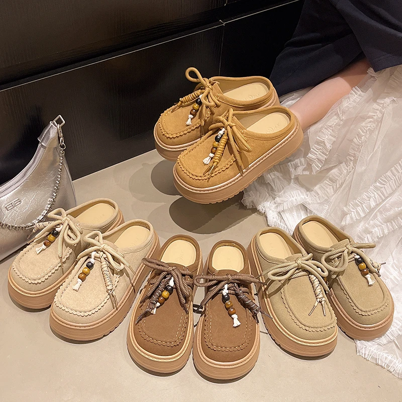 

Новые модельерские женские тапочки, замшевые сабо на толстой подошве, женские сандалии с бусинами, лето 2024, повседневные, уютные