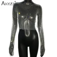 Autumn Women Sexy See Through Fishnet T Shirt Glitter Rhinestone Hollow Mesh Long Sleeve Crop Tops Nightclub Party Festival Top - Image 5