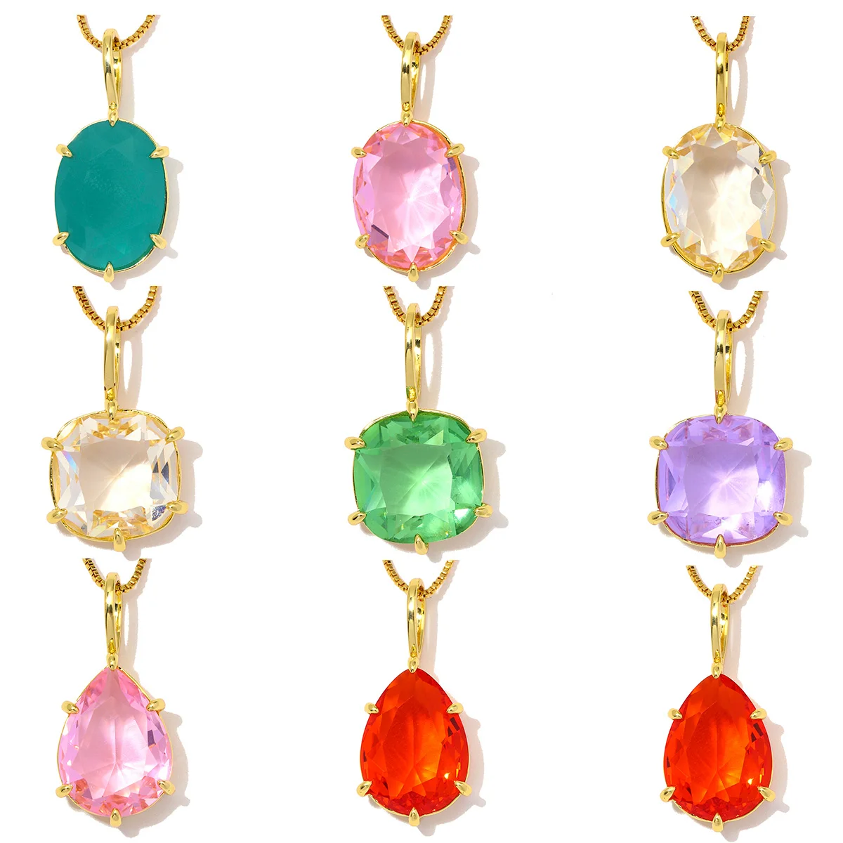 3Pcs/Lot Copper Square Oval Charms Glass Stone Pendants For DIY Jewelry Making Necklace Accessory Wholesale