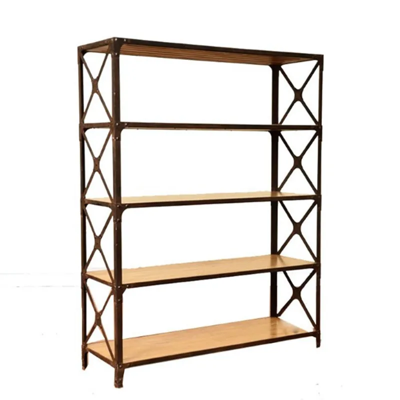 

American floor rack metal retro bookshelf log custom baffle rack display rack solid wood multi-layer shelf
