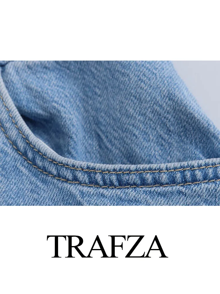 TRAFZA ​​2024 Female Jumpsuit Denim Blue Sleeveless Backless Pockets Single Breasted Trouser High Street Woman Wide Leg Rompers