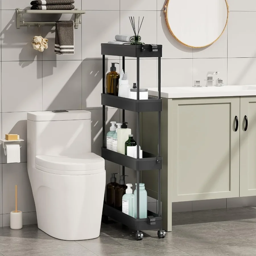 

Bathroom Shelves4 Tier Bathroom Organizers and Storage Shelf Rack Rolling Cart with Wheels Utility Narrow Shelving Standing Uni