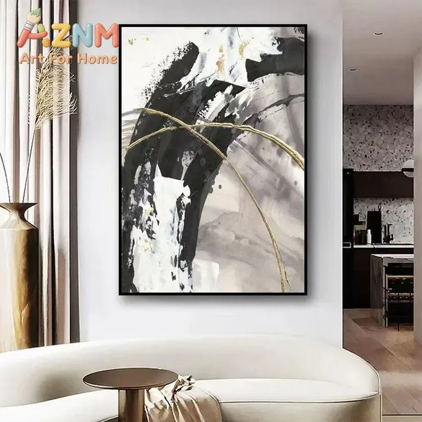 AZNM Black White Gold Abstract Canvas Wall Art, Textured Splash Art Print, Entryway Modern Luxury Wall Decor Poster