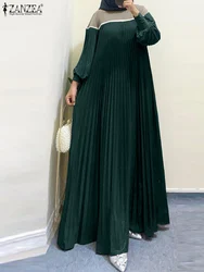 ZANZEA Muslim Women Color-Block Maxi Dress Plisse Patchwork Trendy Islamic Long Sleeve Abaya Robe Hijab O Neck Pleated Vestidos