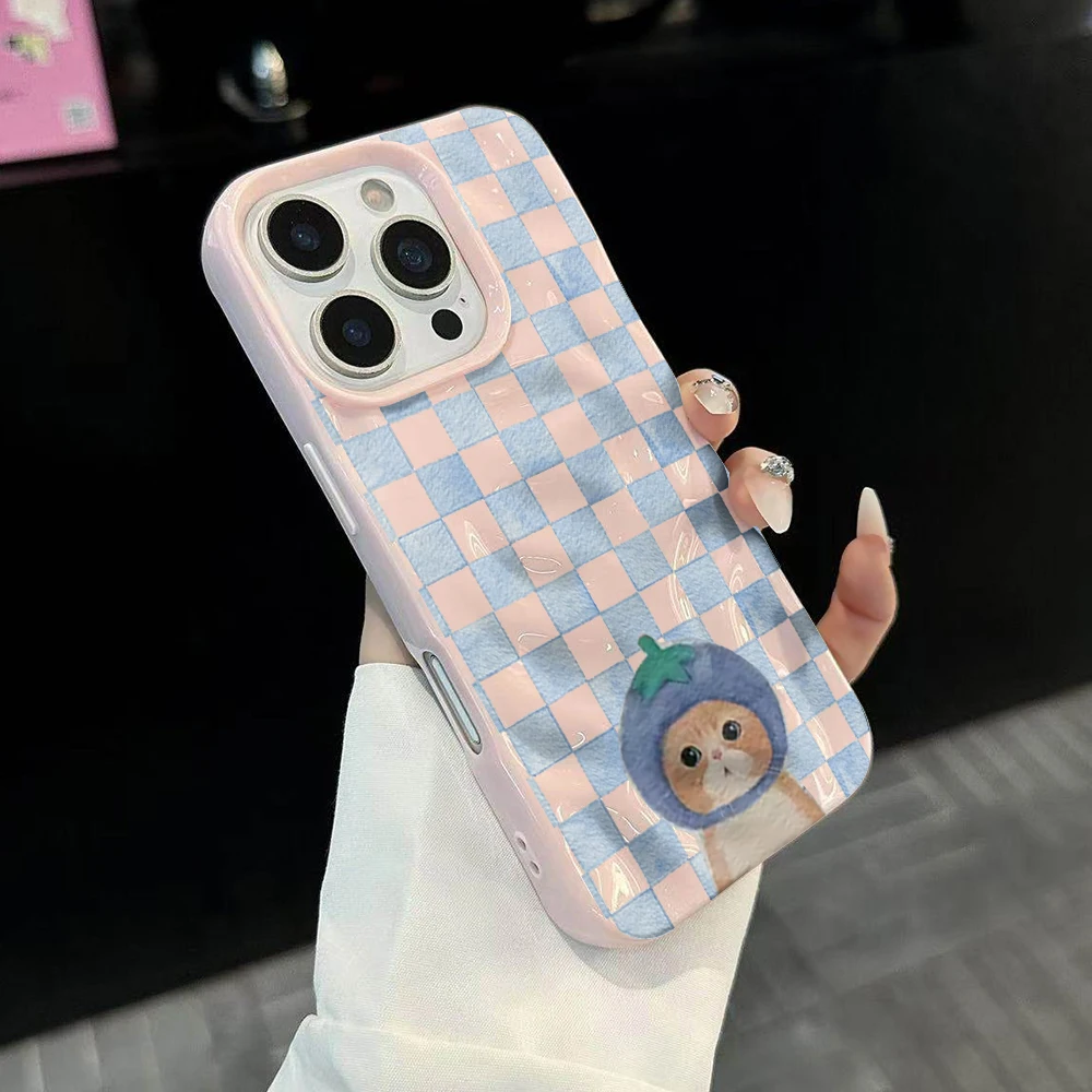 Modisches kariertes Handyhülle mit süßem Katzenmuster für iPhone 17 16 15 14 13 12 11 Pro Max 14 Plus 17Air, weiche Silikonhülle mit Falten-Wellen-Design – Detail 3