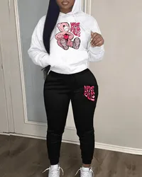 Lovely Bear Letter Print Kangaroo Pocket Tracksuit Set Long Sleeve Hoodie+Drawstring Trousers Women Two Pieces Matching Suits