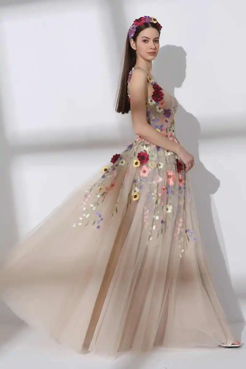 Flower Bridal Prom Dresses Front Split Pregnant Gowns Lace Applique Floral Tulle Women Robe Customized A Line Evening Dress