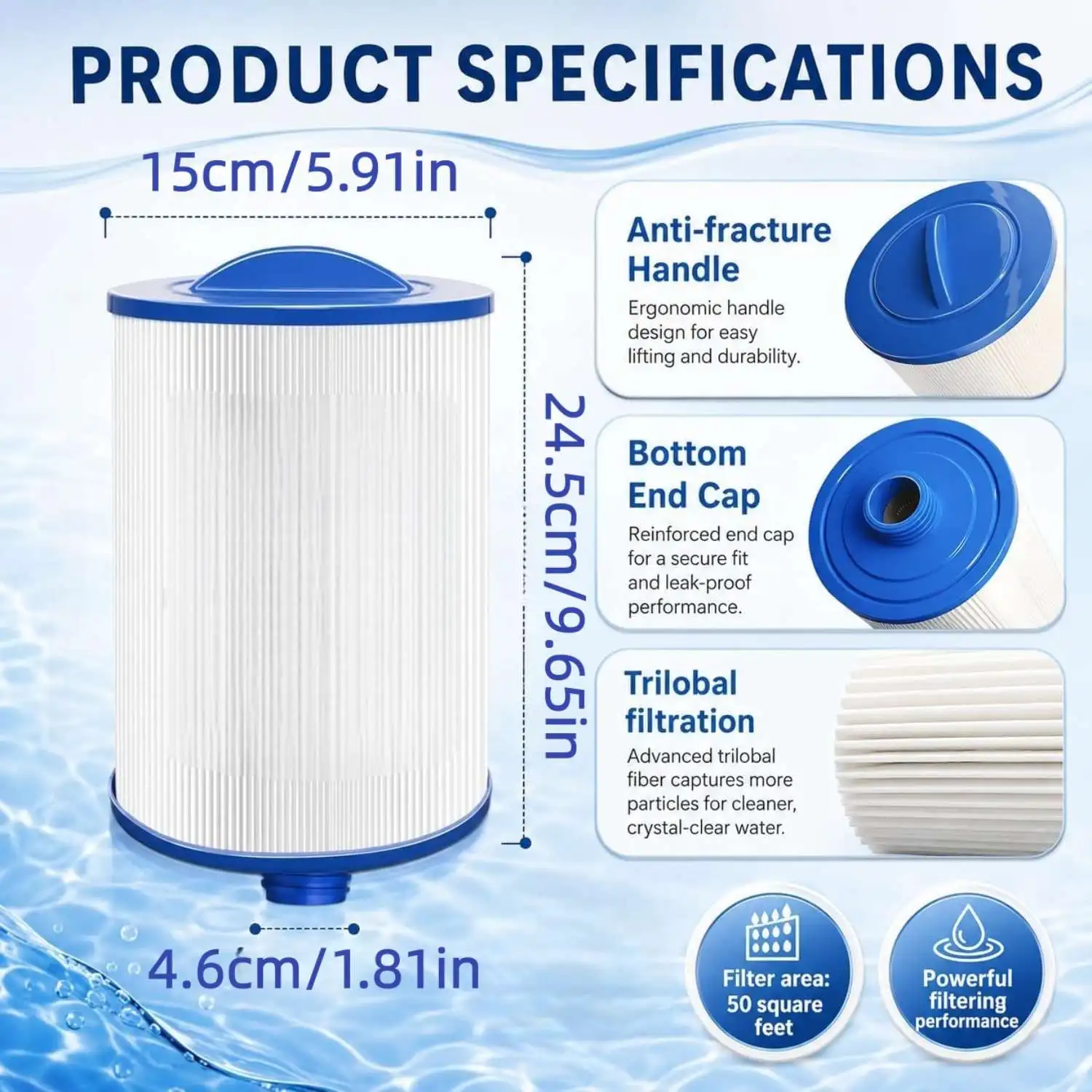 Spa Filter for Pleatco PWW50P3, Unicel 6CH-940/5CH-35, Filbur FC-0359, Waterway 817-0050/R FC-0359, Darlly 60401, Filbur FC-0359