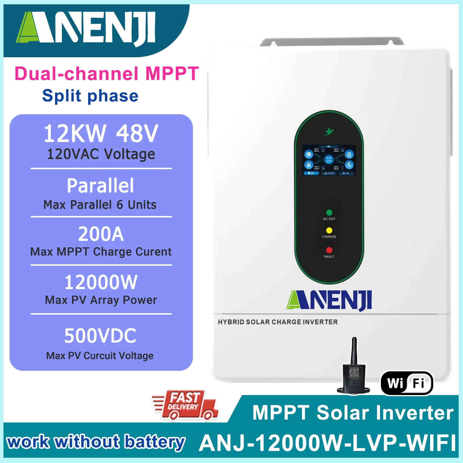 

12KW Split Phase Inverter 48V 120V 230V Hybrid Solar Inverter Dual MPPT Paralleled Threephase With WiFi MPPT 200A Solar Charger