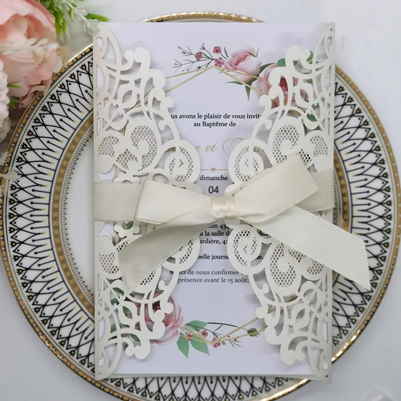 

25pcs Ribbon Wedding Invitation Letter Greeting Card Birthday Baptism Invitation Cards With Envelopes Party Decoration Supplies