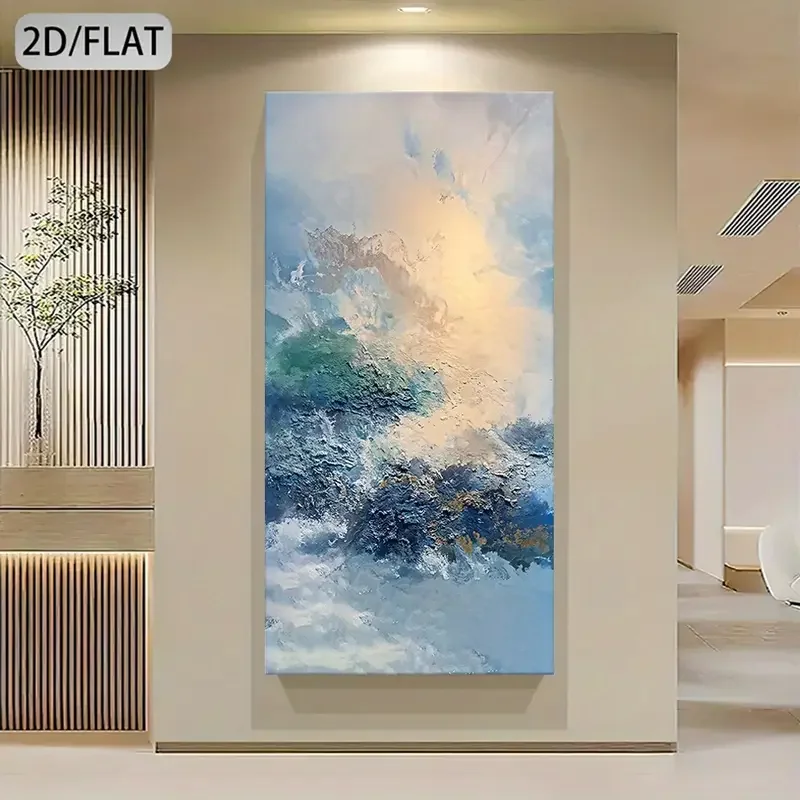 لوحة فنية جدارية تجريدية كبيرة من القماش - موضوع طبيعي أزرق وأصفر ديكور منزلي حديث، عمل فني مسطح ثنائي الأبعاد غير مؤطر لغرفة المعيشة