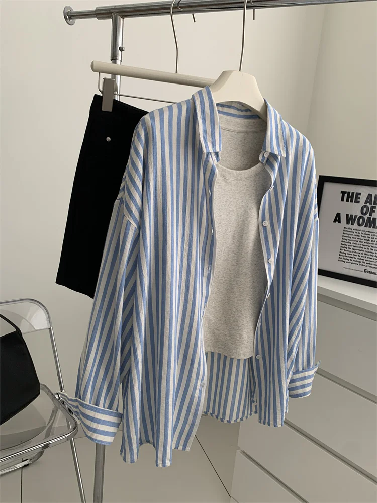 Blue Linen Striped Shirt for Women in Summer, Thin Sagging, Lazy and Slimming, Sun Blouse