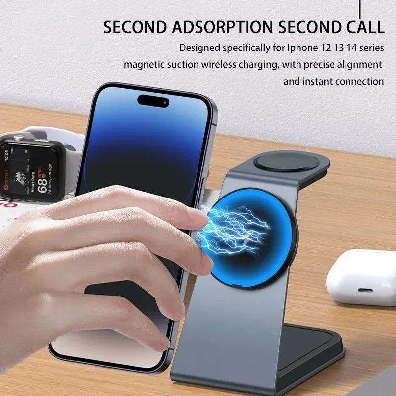 T3 Wireless Charger Stand 3 In 1 Magnetic Fast Charging Dock Station for iPhone 14 13 12 Pro Max Apple Watch 8 7 6 Airpods Pro