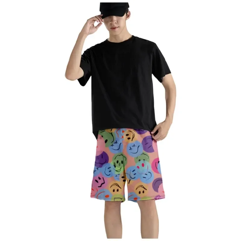 Men's Smile Faces Printed Waist Shorts Polyester Quick Dry Breathable Trendy Shorts Beach Board Shorts For Men