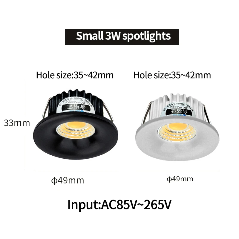 Miniluz descendente empotrada con Kit controlador, luz LED de techo de 3W, CA de 110 V/220V, tamaño de agujero de 35-42mm