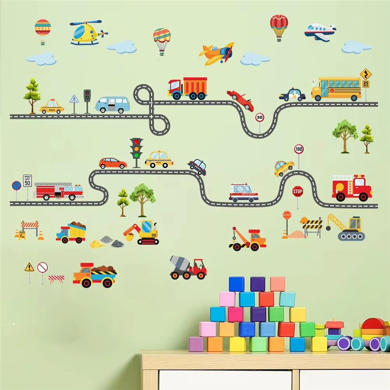 Cartoon Cars Bus Truk On The Way Wall Stickers For Boys Room Kindergarten Background Diy Home Decals Pvc Poster Art Decor