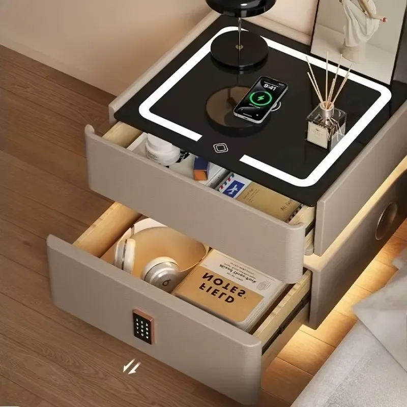 Modern Intelligent Suspended Bedside Table Simple Solid Wood Multifunctional Bedroom Nightstand Side Table with Lamp for Home