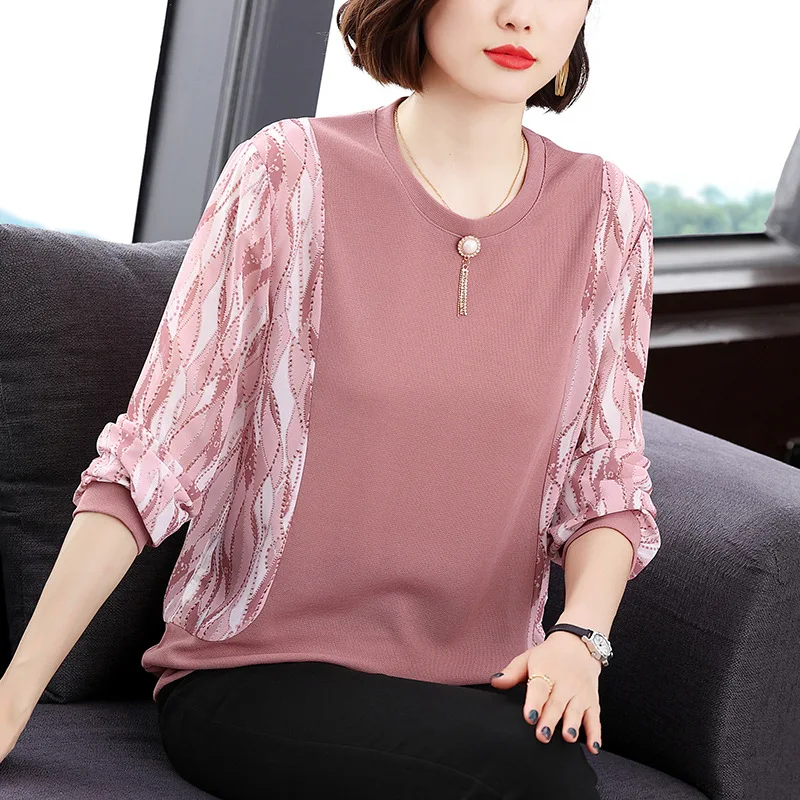 

Spring and Autumn Women's Pullover Round Neck Solid Diamonds Geometric Rivet Spliced Lantern Long Sleeve Fashion Elegant Tops