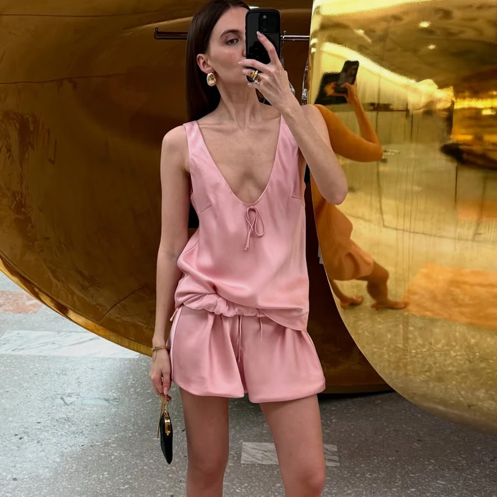 

DINADD Women's Satin Shorts Set Fashion Sleeveless Tank Top Loose Shorts Set Casual Summer Vacation Female Shorts 2 Piece Set