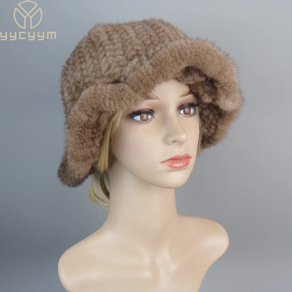 

Women's Hat 2024 New Winter Real Mink Fur Hat Casual Luxury Flower Knitted Bucket Hat Pots Cap Lady Natural Mink Fur Cap Beanies