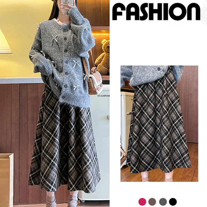 

Осень-зима женская плиссированная длинная юбка студенческая консервативная юбка-миди с высокой талией женская текстурированная корейская уличная клетчатая юбка