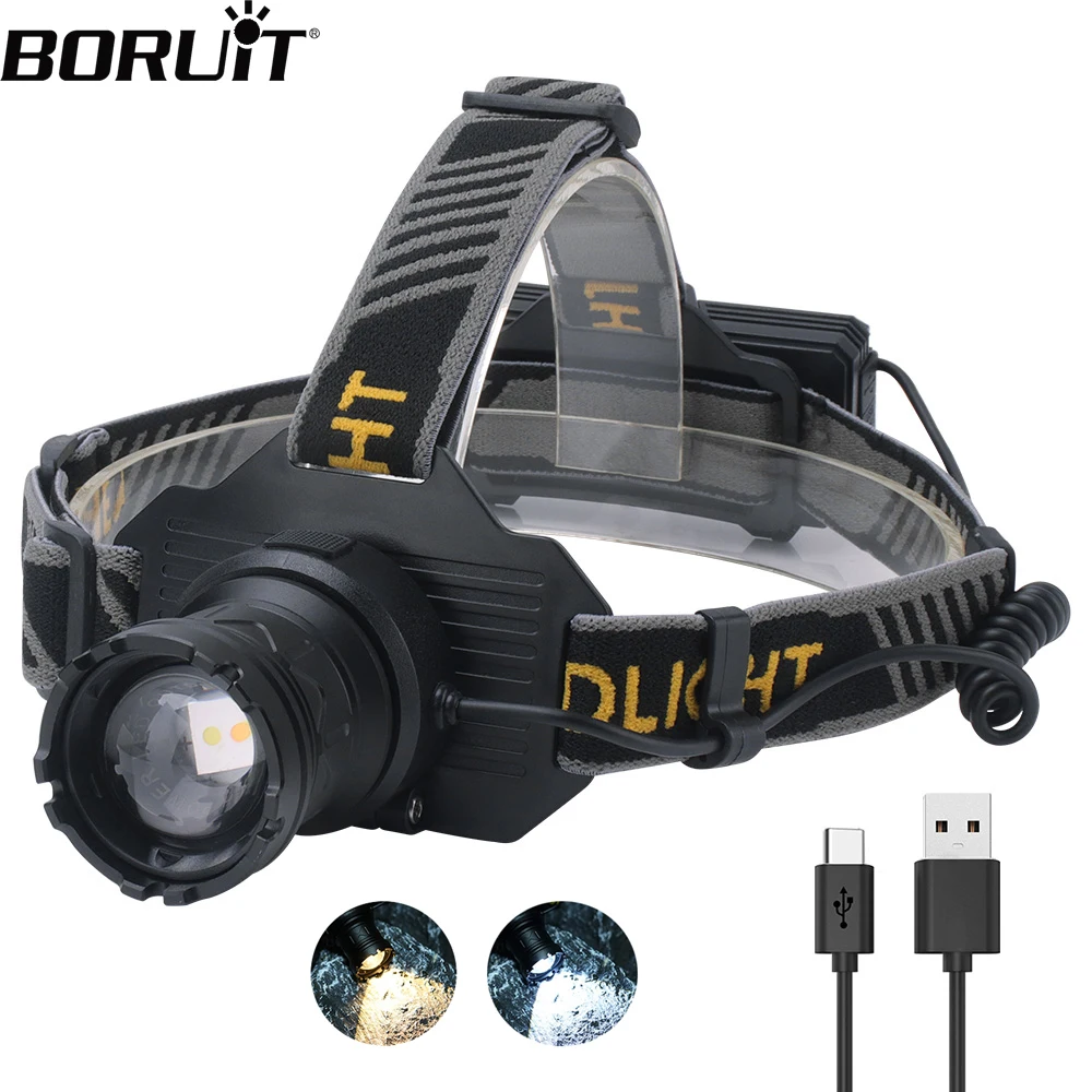 BORUiT Motion Sensor Dual LED ซูมไฟหน้าสีขาวและสีเหลืองแบบชาร์จไฟได้ Power Bank ไฟหน้า Camping โคมไฟไฟฉาย