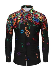 Men's Button Up Shirt Music Notes Collar 3D Print Daily Vacation Long Sleeve Print Clothing Apparel Hawaiian Casual Beach