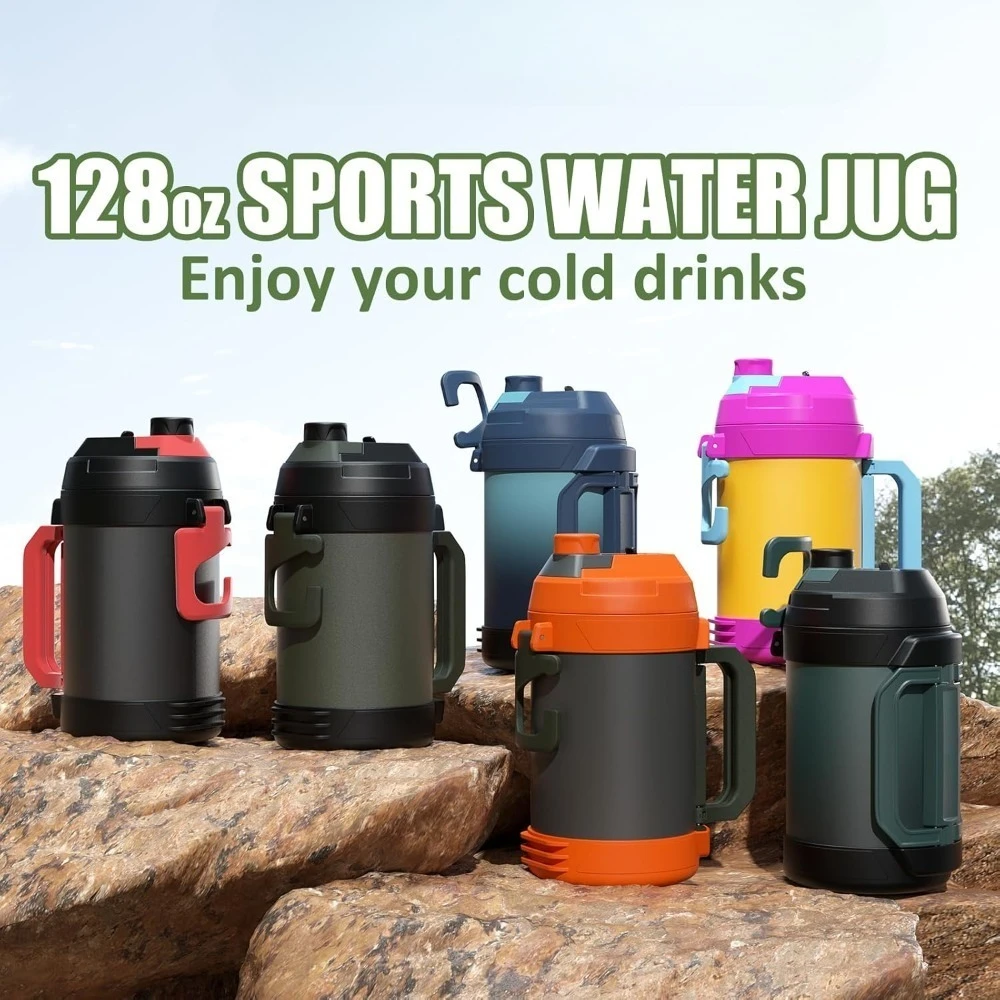 إبريق جالون كبير سعة 128 أونصة، إبريق مياه رياضي معزول متين من الفولاذ المقاوم للصدأ، زجاجة مياه عازلة كبيرة ثلاثية الجدار/جديدة