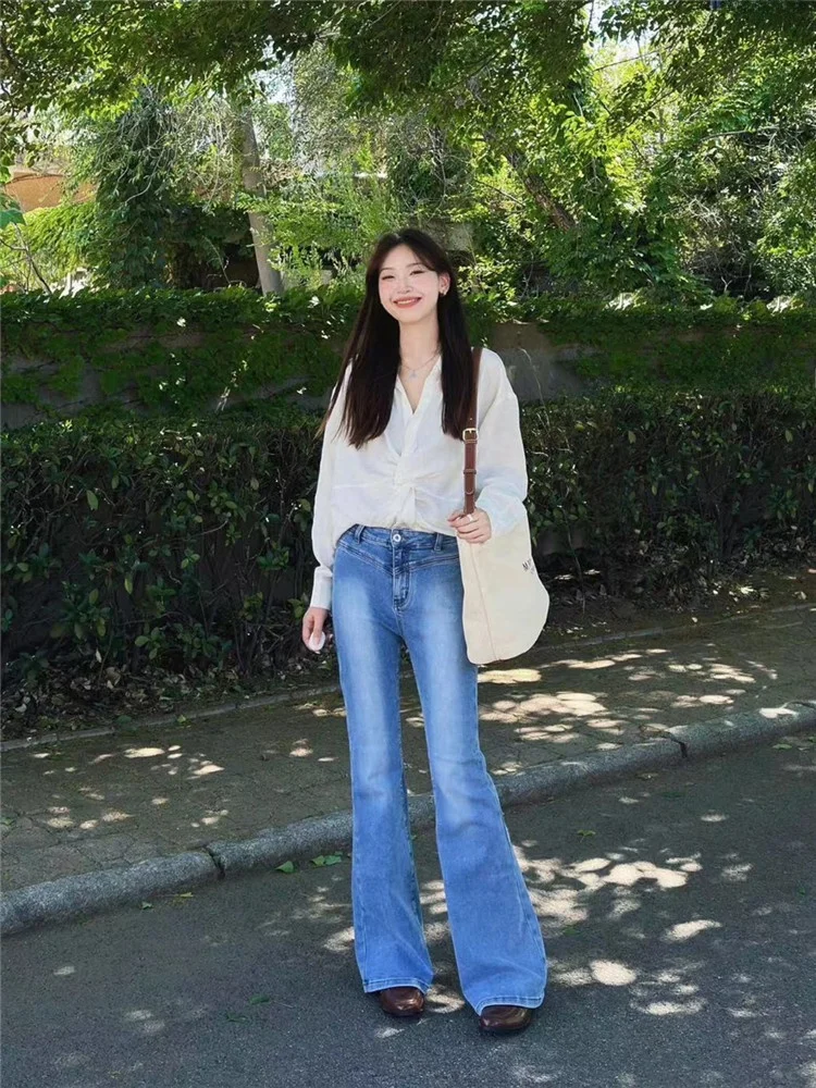 

Джинсы-клеш женские удлиненные в американском ретро-стиле, с низкой/средней посадкой, светло-голубые, для похудения, летние, длинные леггинсы